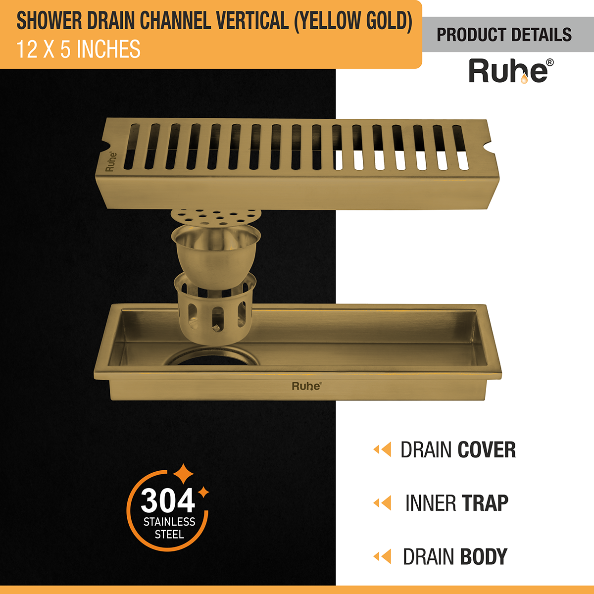 Vertical Shower Drain Channel (12 x 5 Inches) YELLOW GOLD PVD Coated - by Ruhe®