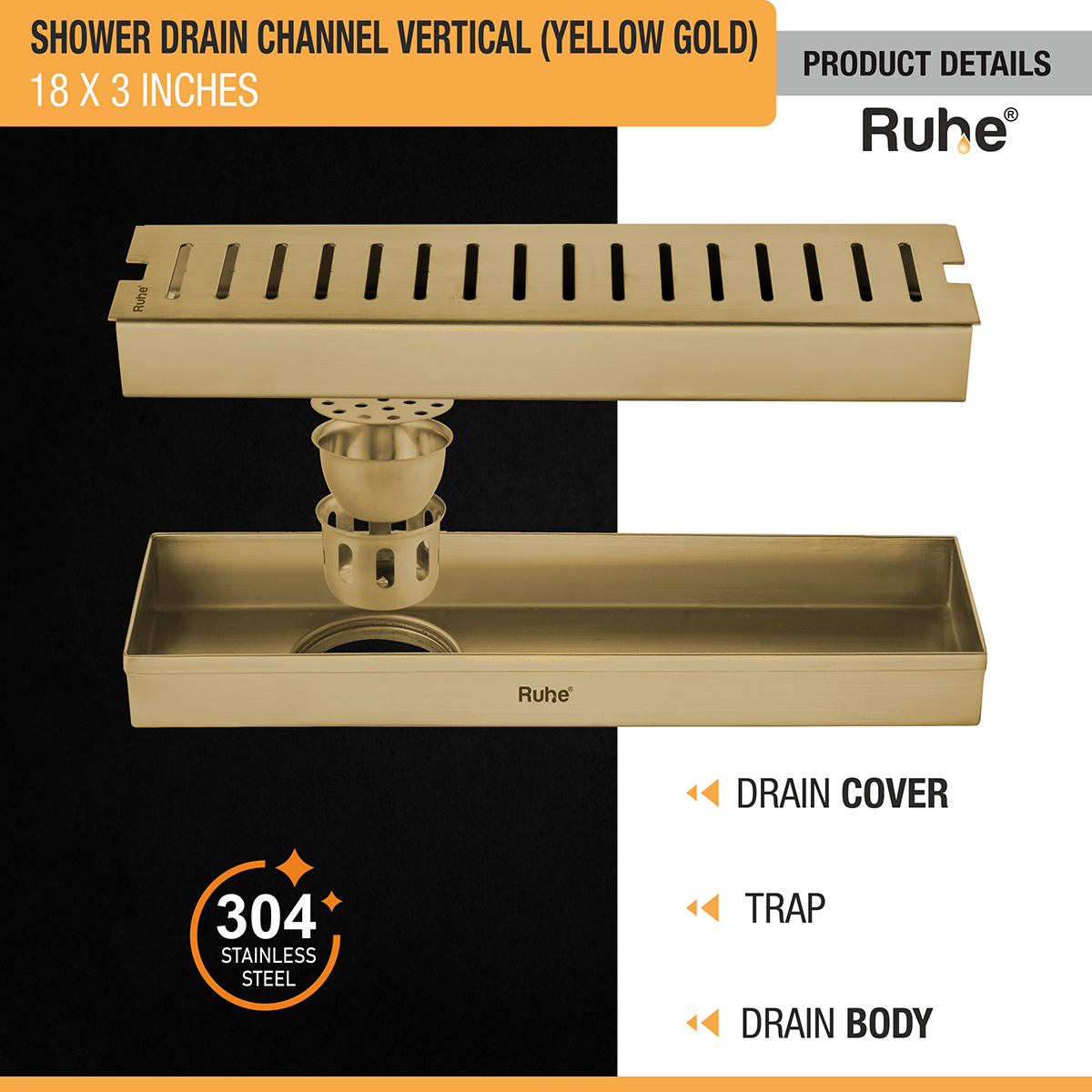 Vertical Shower Drain Channel (18 x 3 Inches) YELLOW GOLD PVD Coated - by Ruhe®