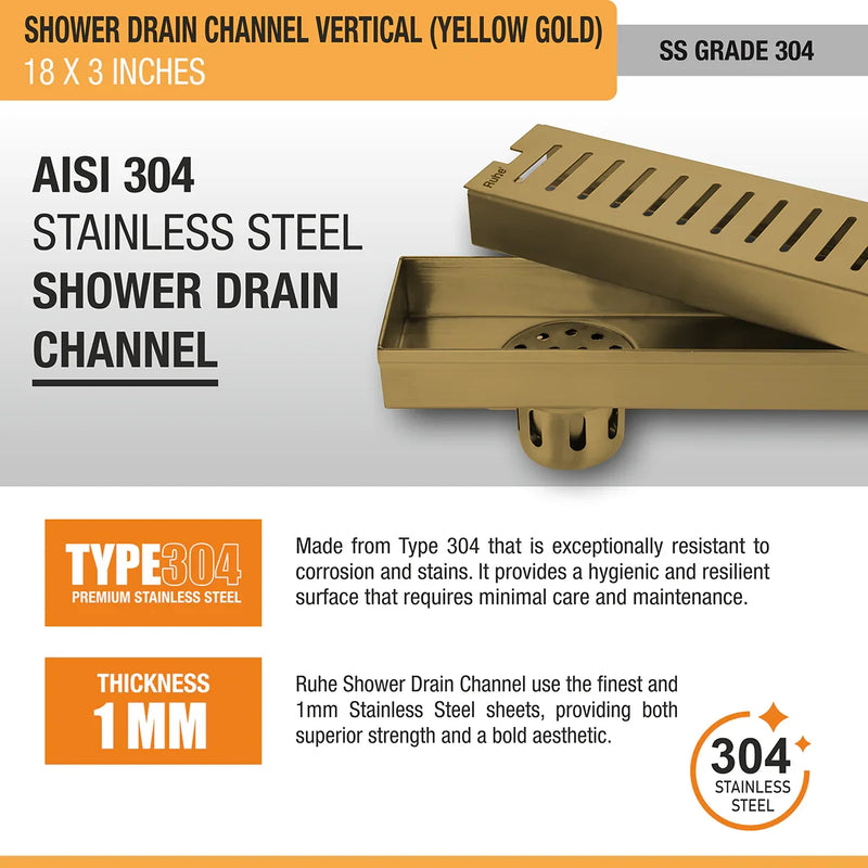 Vertical Shower Drain Channel (18 x 3 Inches) YELLOW GOLD PVD Coated - by Ruhe