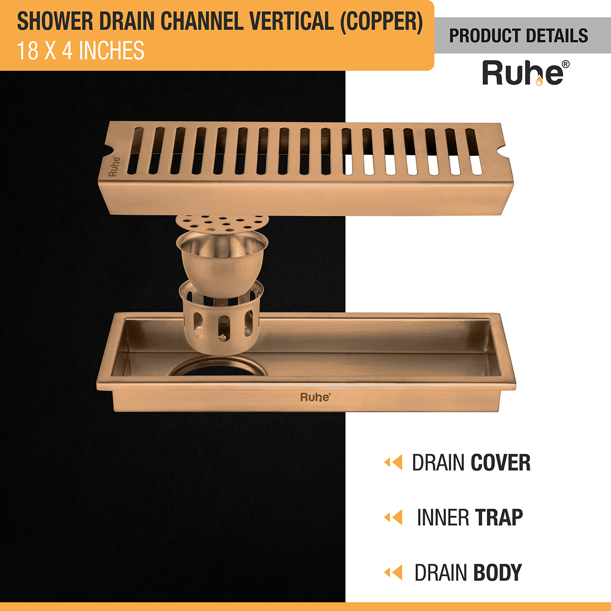 Vertical Shower Drain Channel (18 x 4 Inches) ROSE GOLD PVD Coated - by Ruhe®