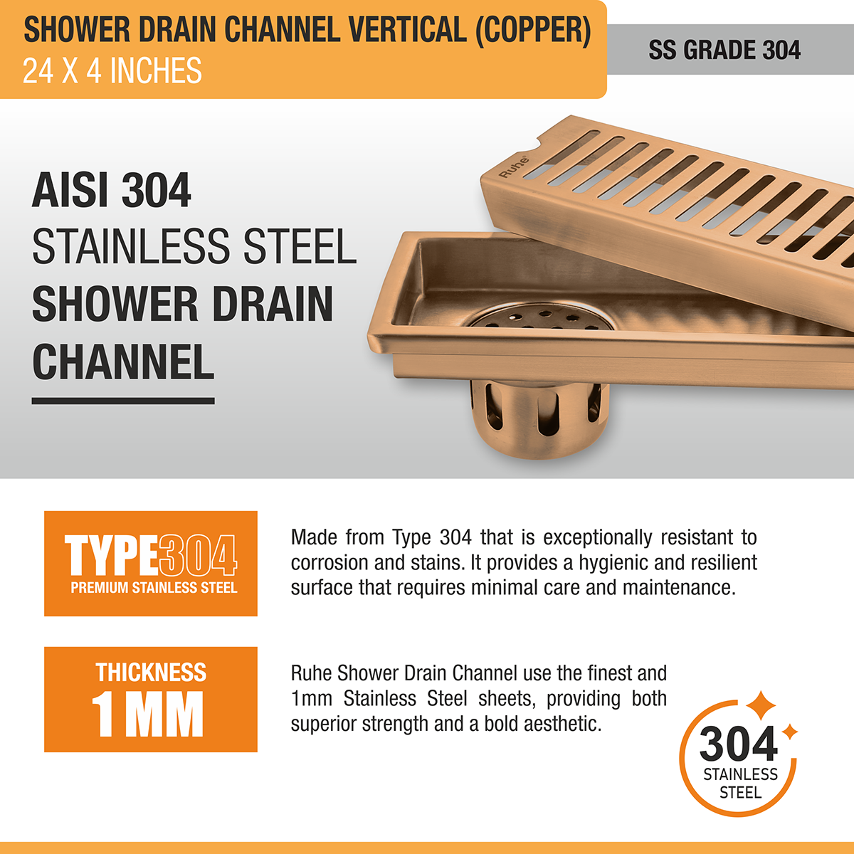 Vertical Shower Drain Channel (24 x 4 Inches) ROSE GOLD/ANTIQUE COPPER stainless steel