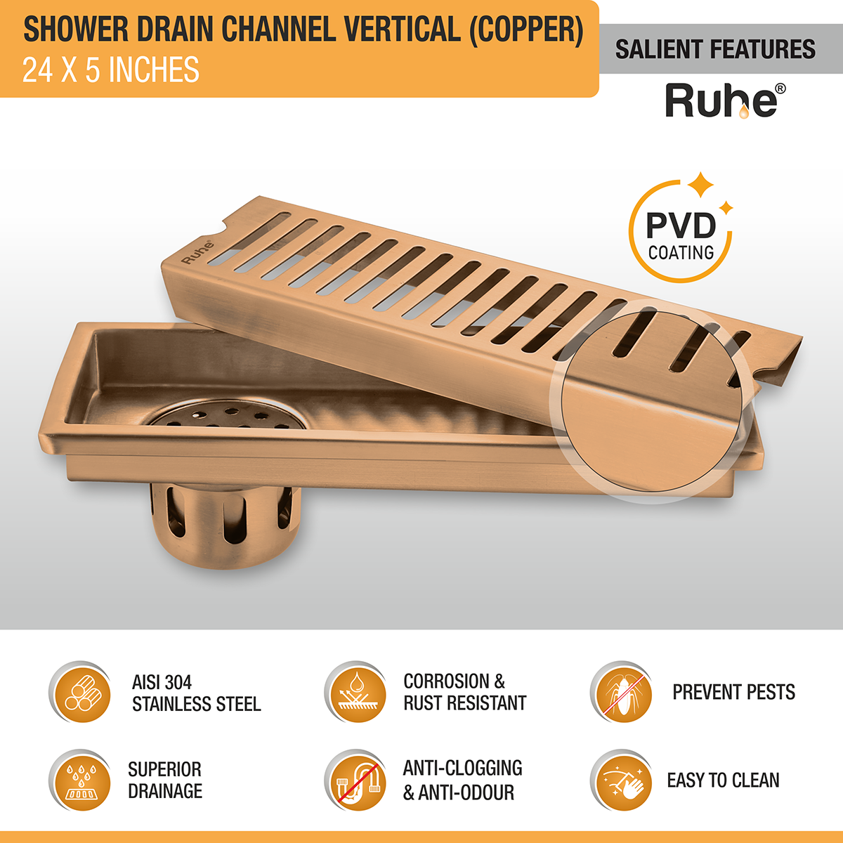 Vertical Shower Drain Channel (24 x 5 Inches) ROSE GOLD/ANTIQUE COPPER features