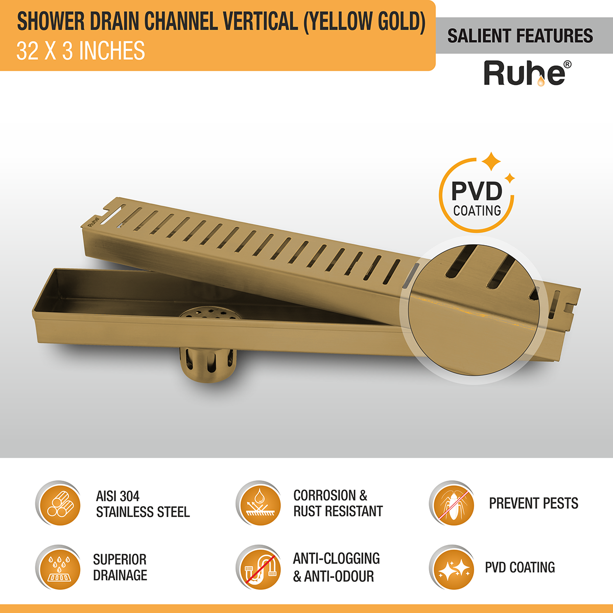 Vertical Shower Drain Channel (32 x 3 Inches) YELLOW GOLD PVD Coated - by Ruhe®