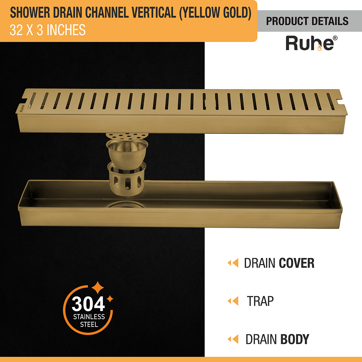 Vertical Shower Drain Channel (32 x 3 Inches) YELLOW GOLD PVD Coated - by Ruhe®