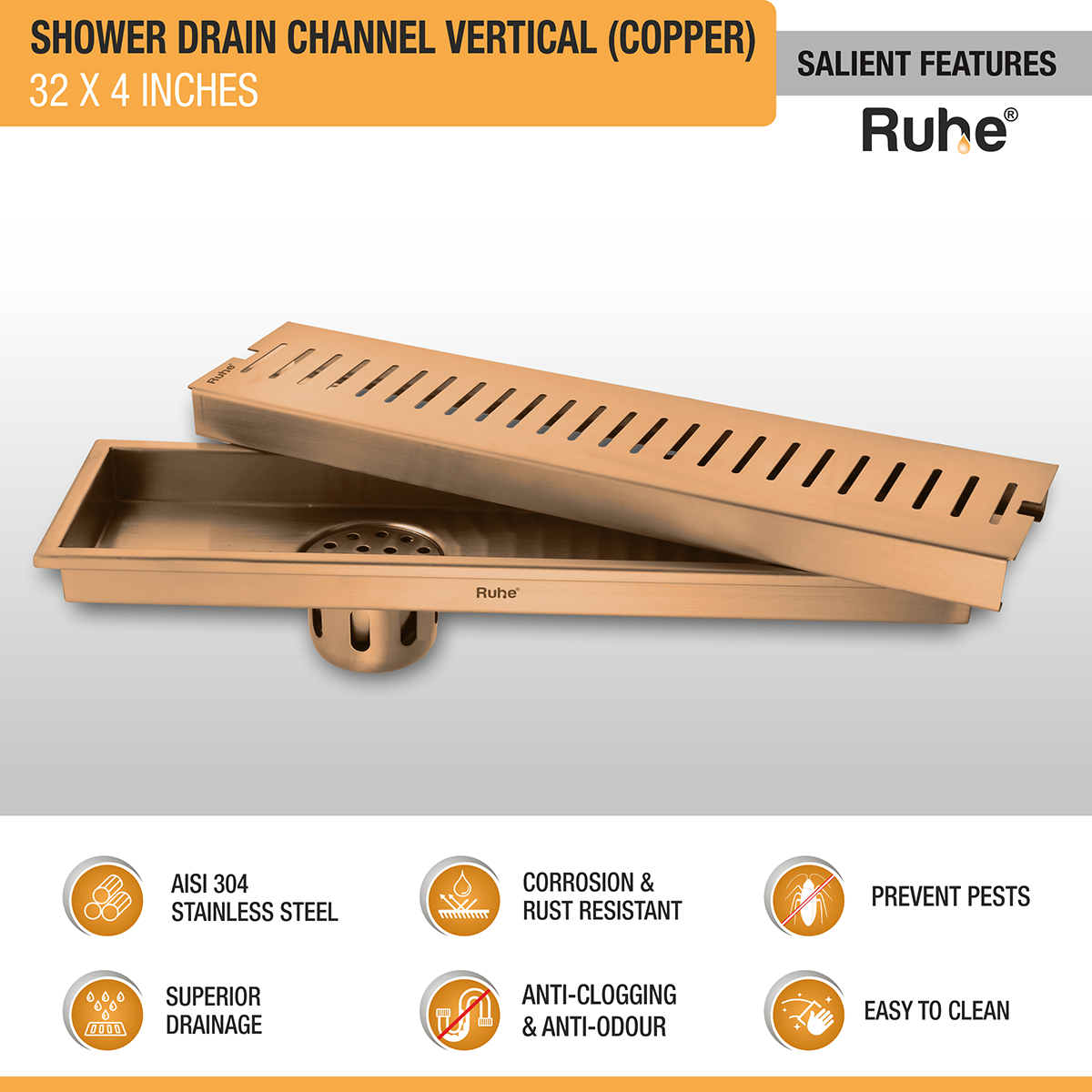 Vertical Shower Drain Channel (32 x 4 Inches) ROSE GOLD PVD Coated - by Ruhe®