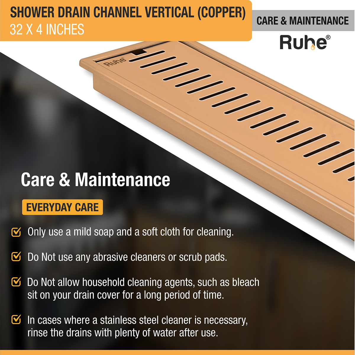 Vertical Shower Drain Channel (32 x 4 Inches) ROSE GOLD PVD Coated - by Ruhe®