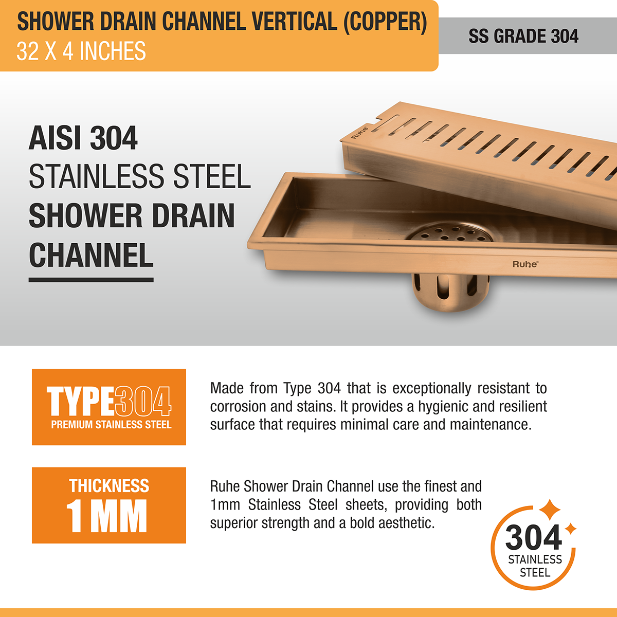 Vertical Shower Drain Channel (32 x 4 Inches) ROSE GOLD PVD Coated - by Ruhe®