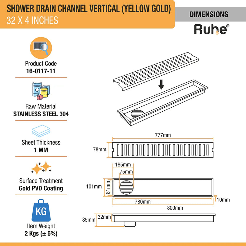 Vertical Shower Drain Channel (32 x 4 Inches) YELLOW GOLD PVD Coated - by Ruhe