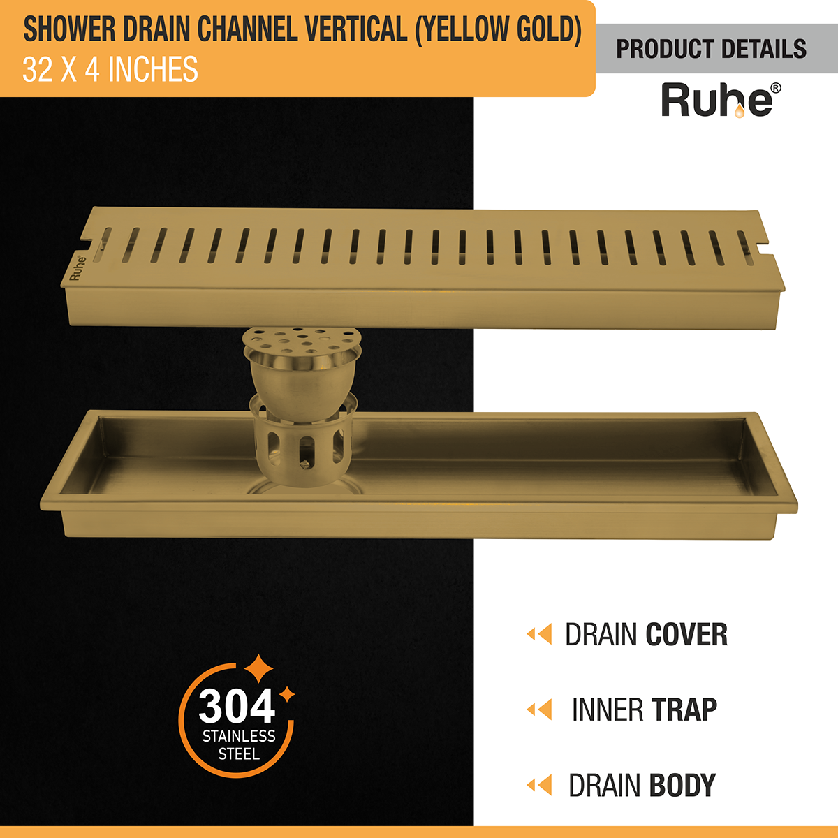 Vertical Shower Drain Channel (32 x 4 Inches) YELLOW GOLD PVD Coated - by Ruhe®