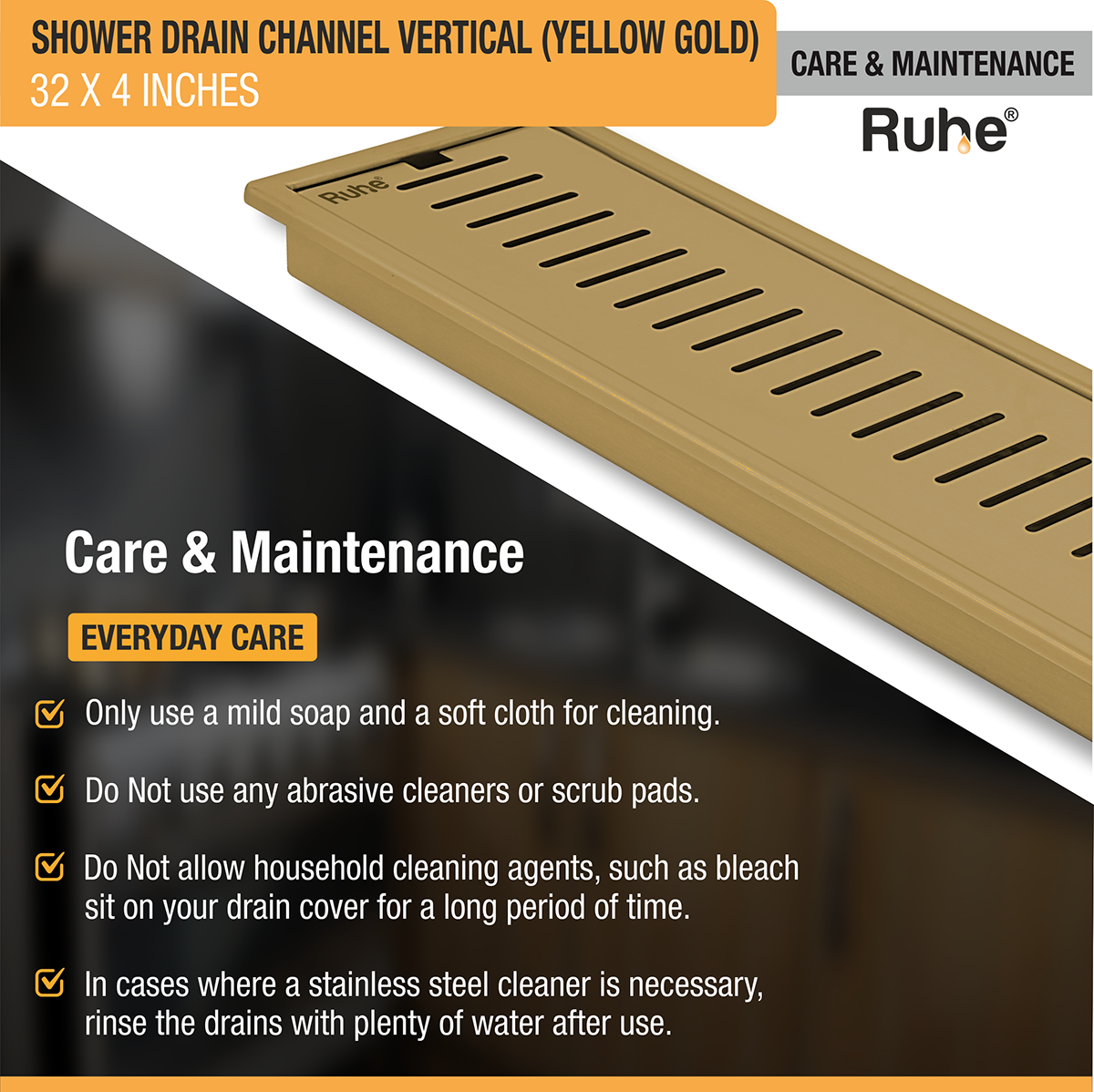 Vertical Shower Drain Channel (32 x 4 Inches) YELLOW GOLD PVD Coated - by Ruhe®