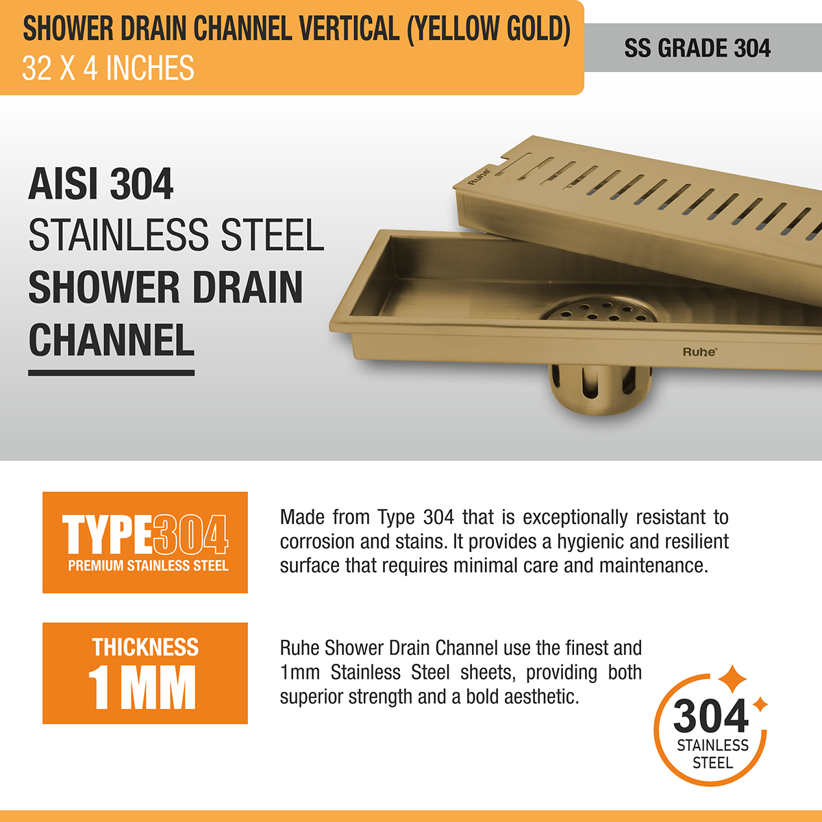 Vertical Shower Drain Channel (32 x 4 Inches) YELLOW GOLD PVD Coated - by Ruhe®