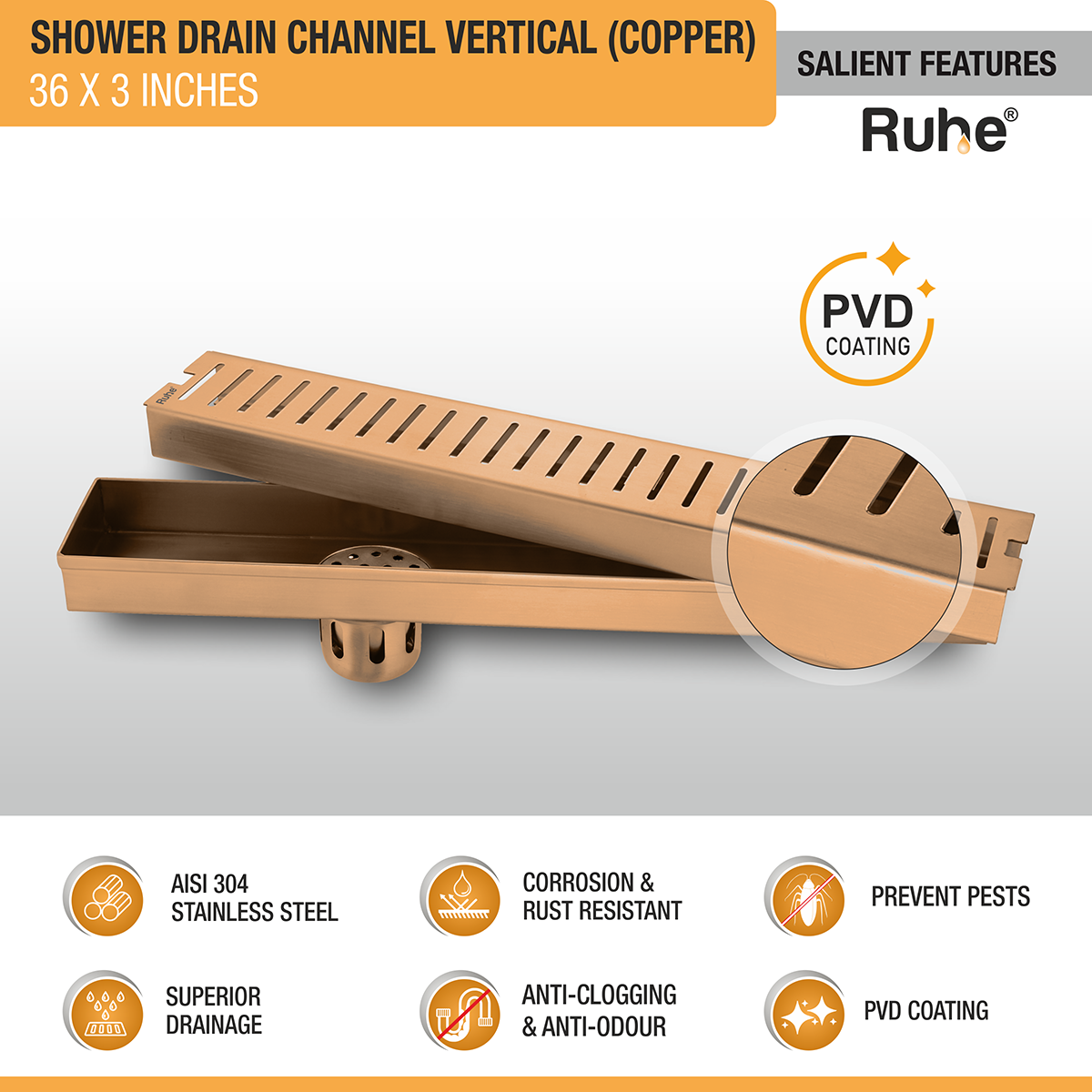 Vertical Shower Drain Channel (36 x 3 Inches) ROSE GOLD PVD Coated - by Ruhe®