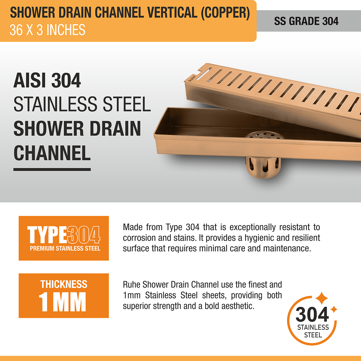 Vertical Shower Drain Channel (36 x 3 Inches) ROSE GOLD PVD Coated - by Ruhe®