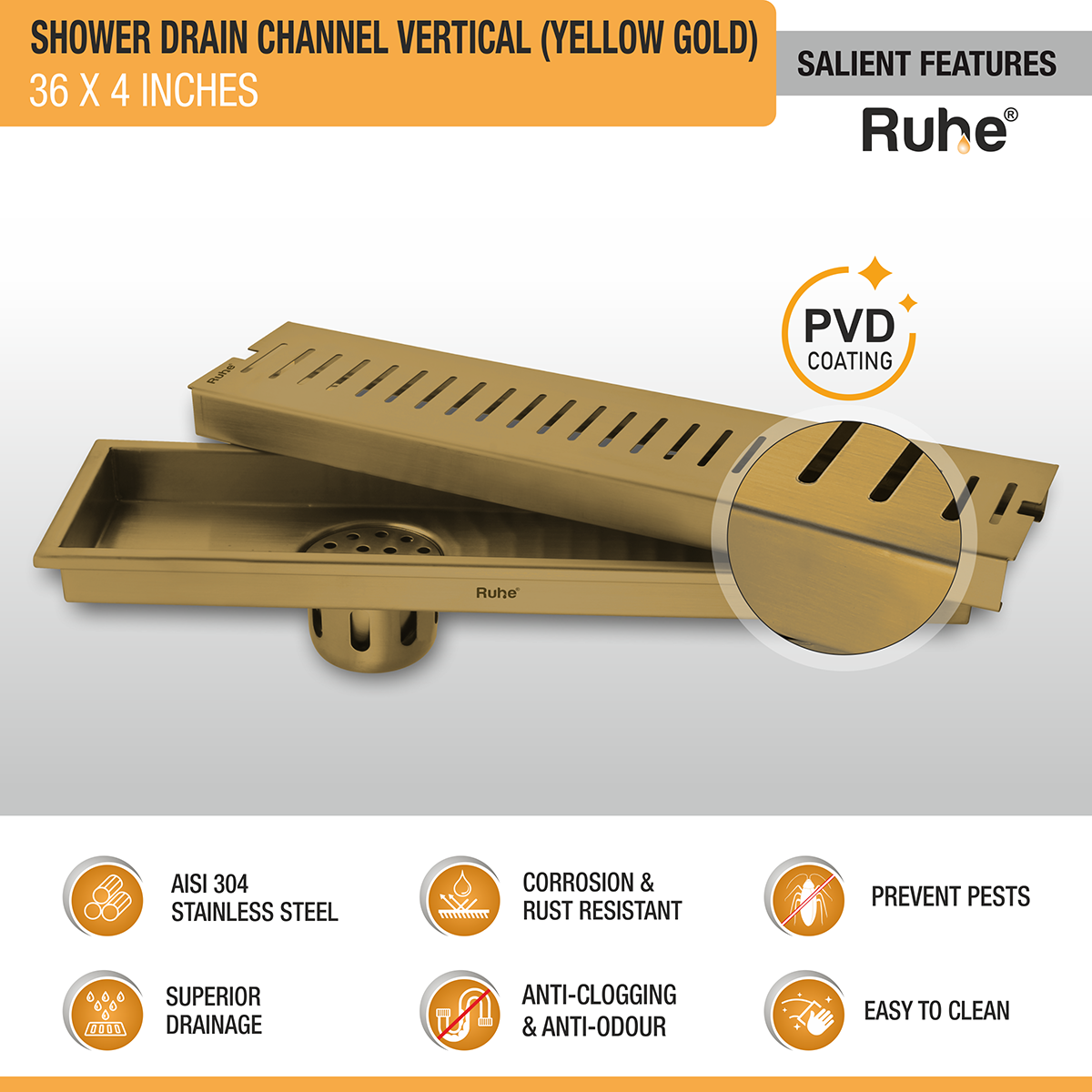 Vertical Shower Drain Channel (36 x 4 Inches) YELLOW GOLD PVD Coated - by Ruhe®