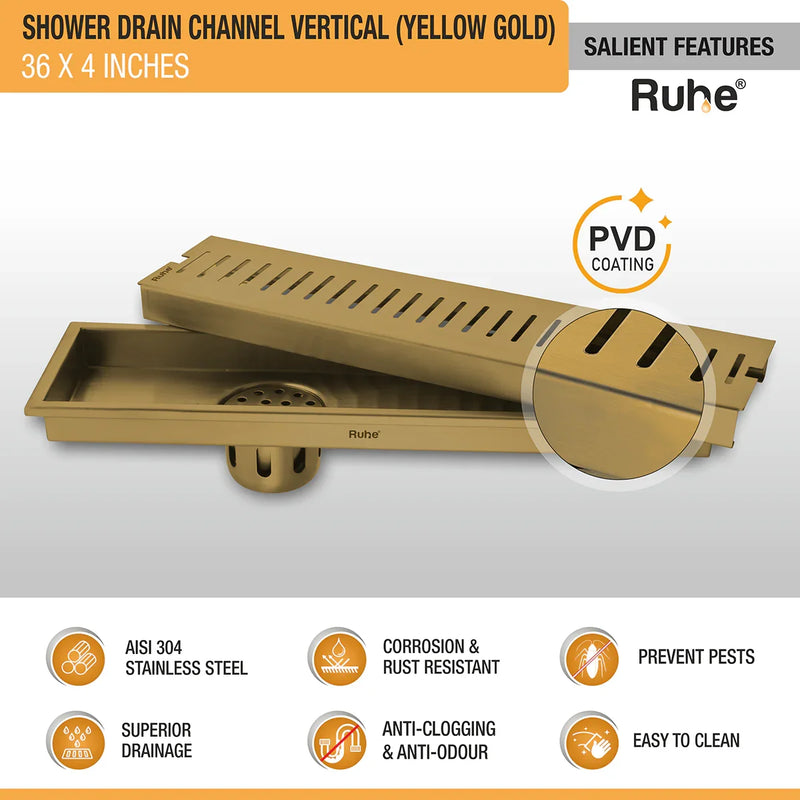 Vertical Shower Drain Channel (36 x 4 Inches) YELLOW GOLD PVD Coated - by Ruhe