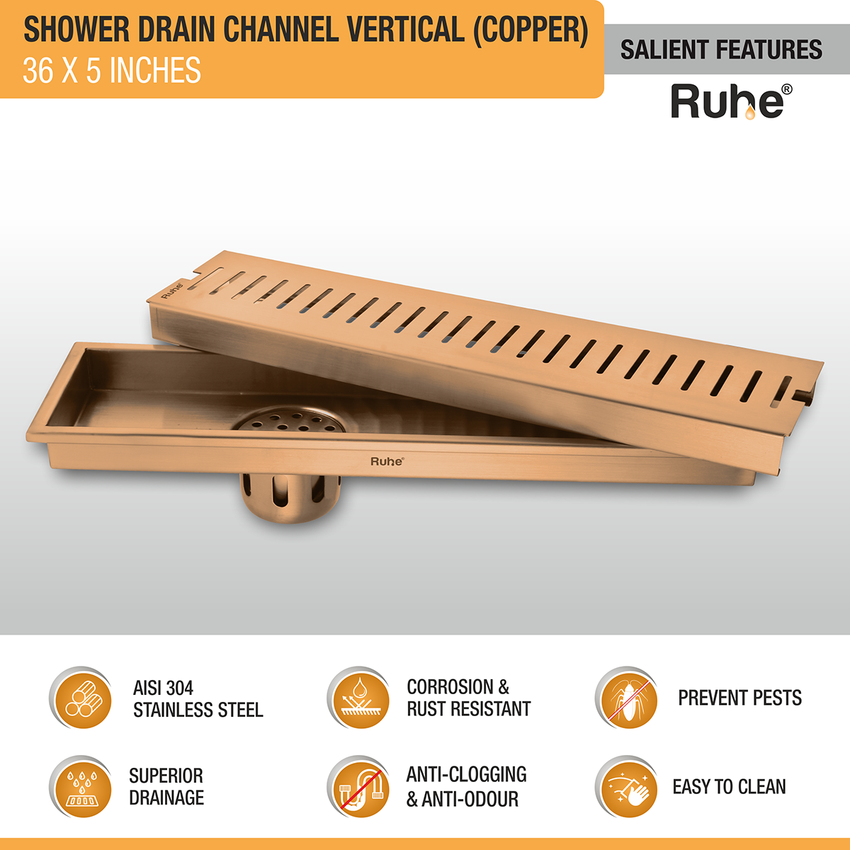 Vertical Shower Drain Channel (36 x 5 Inches) ROSE GOLD/ANTIQUE COPPER features