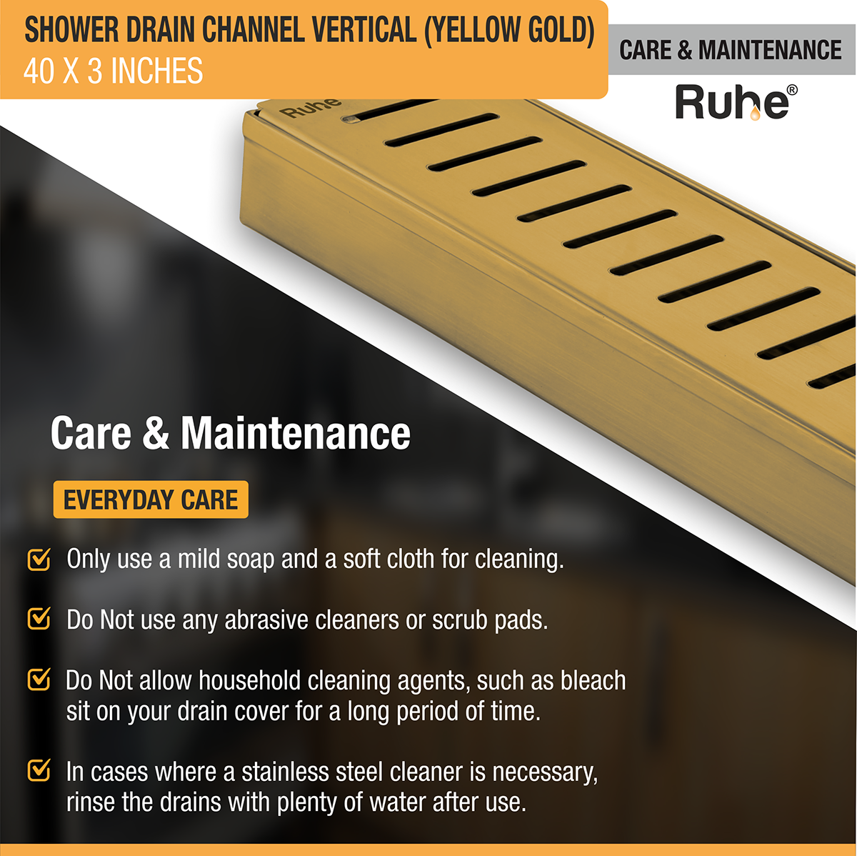 Vertical Shower Drain Channel (40 x 3 Inches) YELLOW GOLD PVD Coated - by Ruhe®