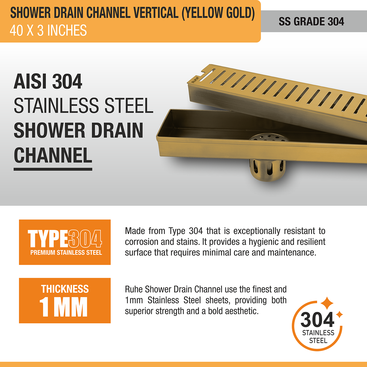 Vertical Shower Drain Channel (40 x 3 Inches) YELLOW GOLD PVD Coated - by Ruhe®