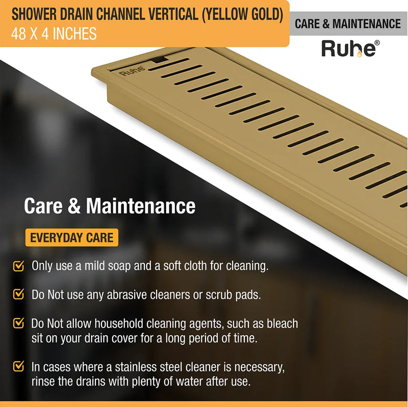 Vertical Shower Drain Channel (48 x 4 Inches) YELLOW GOLD PVD Coated - by Ruhe