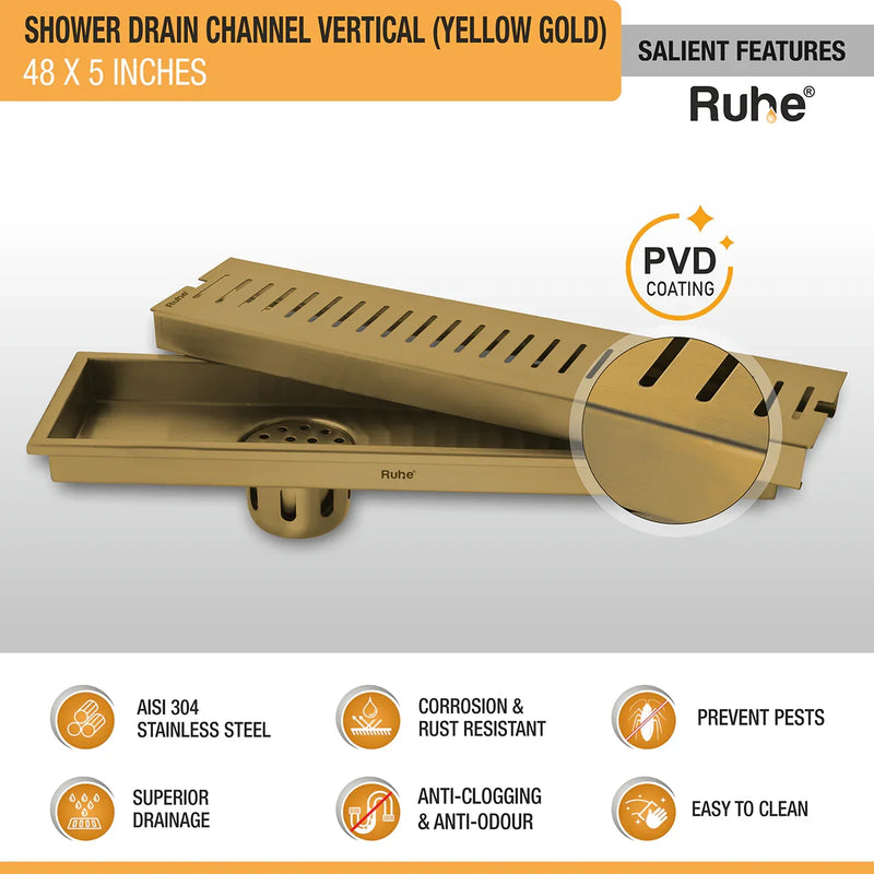 Vertical Shower Drain Channel (48 x 5 Inches) YELLOW GOLD PVD Coated - by Ruhe